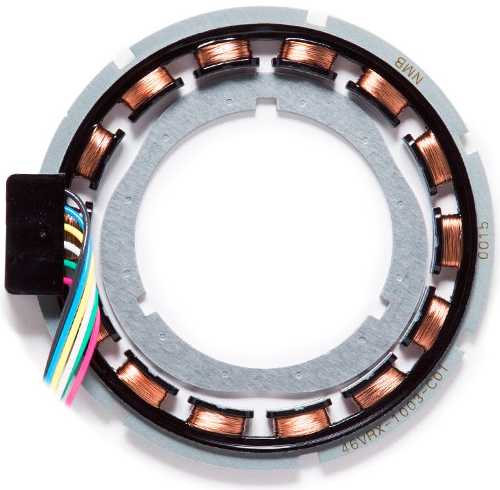 Figure 2: This resolver utilizes three circuits to precisely indicate steering wheel position. The exciter circuits generate electrical &ldquo;noise.&rdquo; The other two (sine and cosine) circuits absorb the signal and due to the offset nature of each of them, the signal amplitude is offset as well, allowing the ECU to correlate the combined signals to steering wheel angularity.