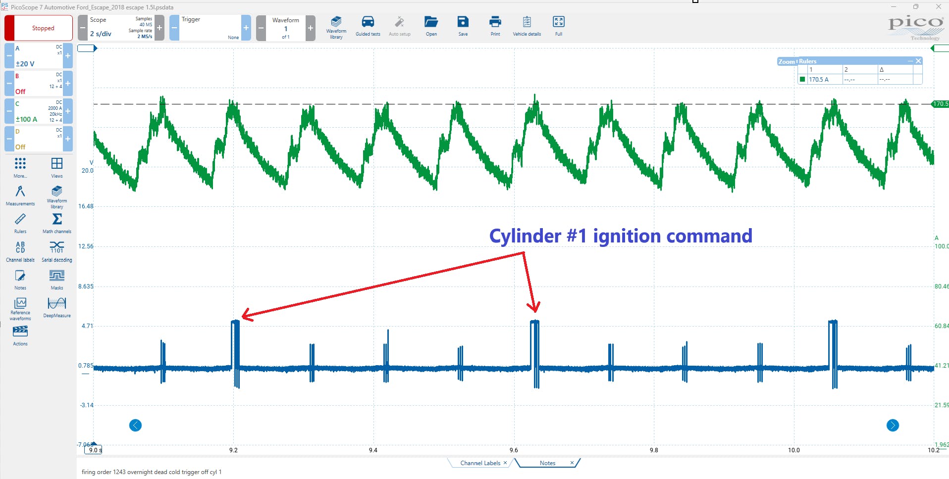 Figure 2: The results of the relative compression test show that each cylinder loads the starter motor similarly, inferring the compression is similar from cylinder to cylinder. This also supports the cause of the cylinder No. 3 misfire to not be caused by compression loss.