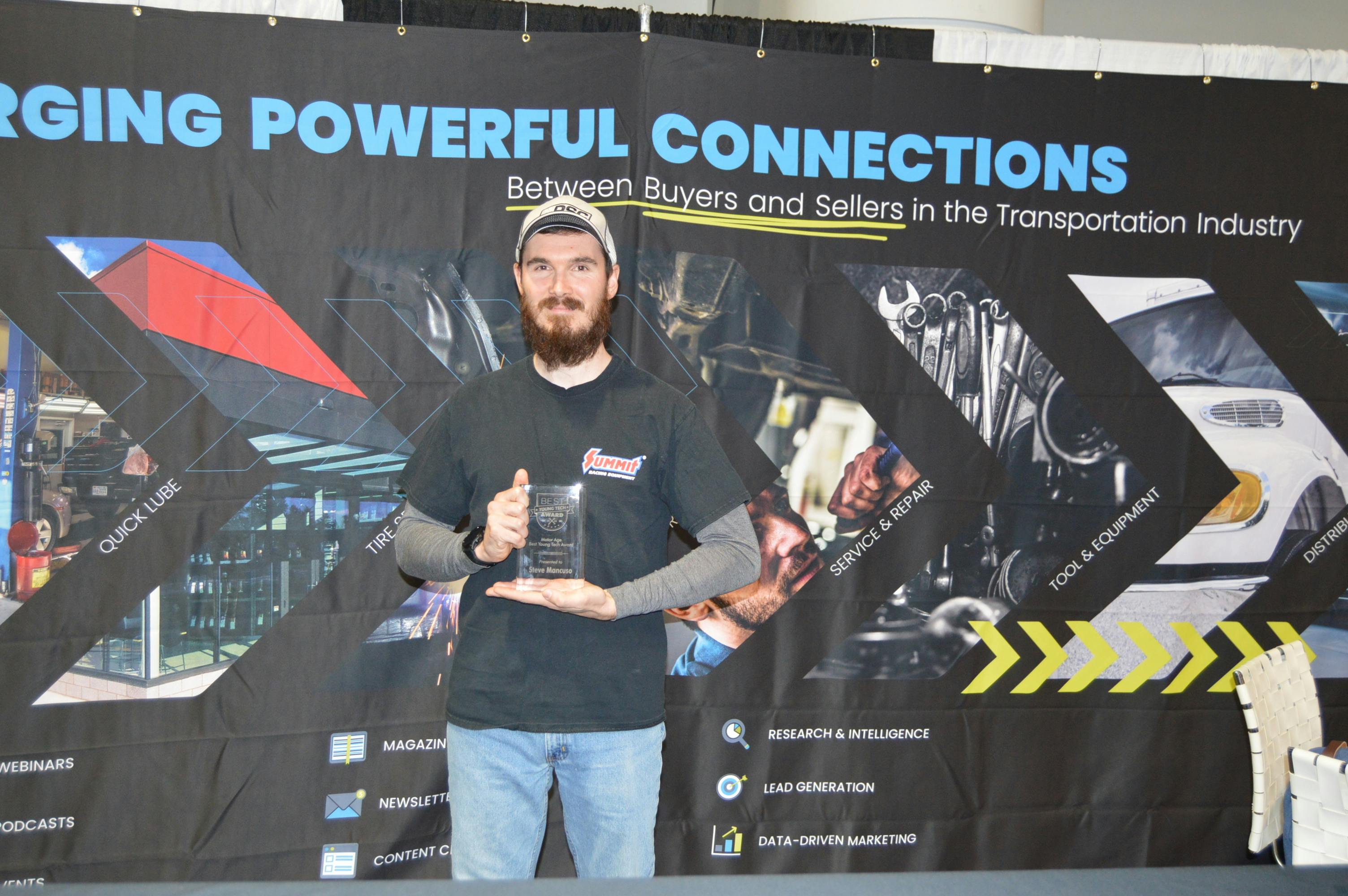 Steve Mancuso officially claimed his trophy as the 2024 Motor Age Best Young Tech.