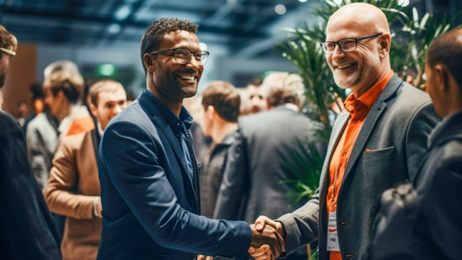 Attendees shake hands at a networking event,