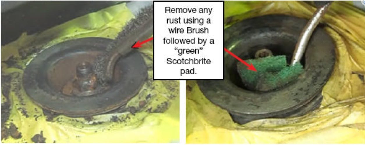 Clean surface rust with a wire brush and Scotchbrite pad (150-180 grit). Mask the area and apply rust-preventive paint.