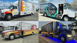 a collage of four photos of tool trucks