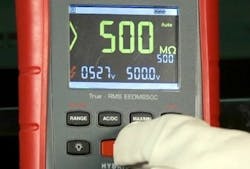 This is a view of the Megohm meter that is required to perform testing on certain components on the high voltage side of the hybrid electrical system. The tool will apply a specified voltage to the component being tested and will show a reading in MΩ (megohm). 1 MΩ equals 1,000,000 Ω. This is a view of the Megohm meter that is required to perform testing on certain components on the high voltage side of the hybrid electrical system. The tool will apply a specified voltage to the component being tested and will show a reading in MΩ (megohm). 1 MΩ equals 1,000,000 Ω.