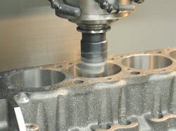Controlled by CNC software, the cylinder is bored to the desired diameter in exact location and angle relative to crank centerline. Controlled by CNC software, the cylinder is bored to the desired diameter in exact location and angle relative to crank centerline.
