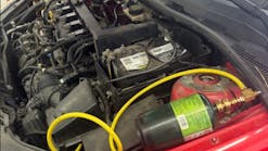 Figure 2- Suspect of a lean condition, additional hydrocarbon in the form of propane was used as an experiment for enrichment. The performance of the engine (via exhaust gas analysis) will be evaluated with the enrichment occurring. This will help determine the next step to take. Figure 2- Suspect of a lean condition, additional hydrocarbon in the form of propane was used as an experiment for enrichment. The performance of the engine (via exhaust gas analysis) will be evaluated with the enrichment occurring. This will help determine the next step to take.