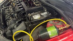 Figure 2- Suspect of a lean condition, additional hydrocarbon in the form of propane was used as an experiment for enrichment. The performance of the engine (via exhaust gas analysis) will be evaluated with the enrichment occurring. This will help determine the next step to take. Figure 2- Suspect of a lean condition, additional hydrocarbon in the form of propane was used as an experiment for enrichment. The performance of the engine (via exhaust gas analysis) will be evaluated with the enrichment occurring. This will help determine the next step to take.