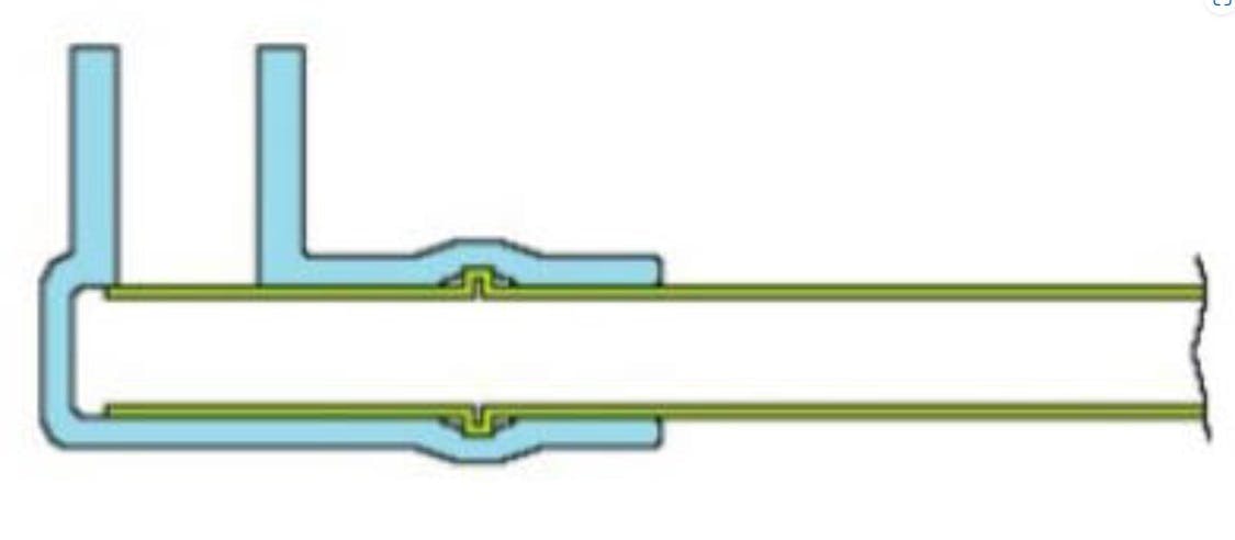 Incorrectly installed purge tubes into the elbow. Note that the tube is seated too deeply, preventing flow.