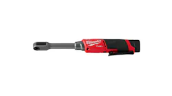 a red and black cordless ratchet with 'Milwaukee Fuel' written in white letters on the handle