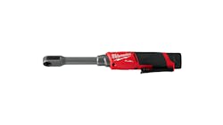 a red and black cordless ratchet with 'Milwaukee Fuel' written in white letters on the handle a red and black cordless ratchet with 'Milwaukee Fuel' written in white letters on the handle