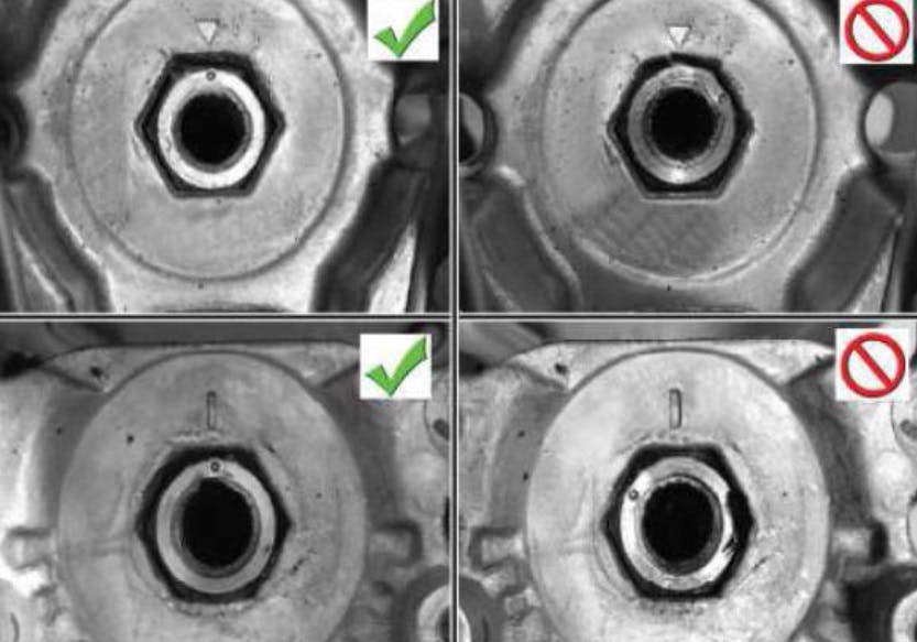 At left are examples of steering shaft to steering column correct alignment. Note the dot on the shaft aligns with the triangle on the column. At right are examples of misalignment.