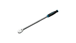 a ratchet with a long handle, soft blue handle, and chrome head a ratchet with a long handle, soft blue handle, and chrome head