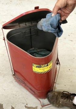 Store oily/contaminated shop rags into an approved fireproof can. A foot pedal is depressed to open the lid. This provides a safe temporary storage of used rags. Oil or fuel contaminated rags present a fire hazard if left in the open. Store oily/contaminated shop rags into an approved fireproof can. A foot pedal is depressed to open the lid. This provides a safe temporary storage of used rags. Oil or fuel contaminated rags present a fire hazard if left in the open.
