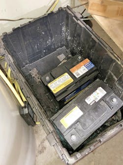 Always store used batteries in a plastic container, avoiding metal containers that can result in a spark if terminals were to contact the container. Always store used batteries in a plastic container, avoiding metal containers that can result in a spark if terminals were to contact the container.