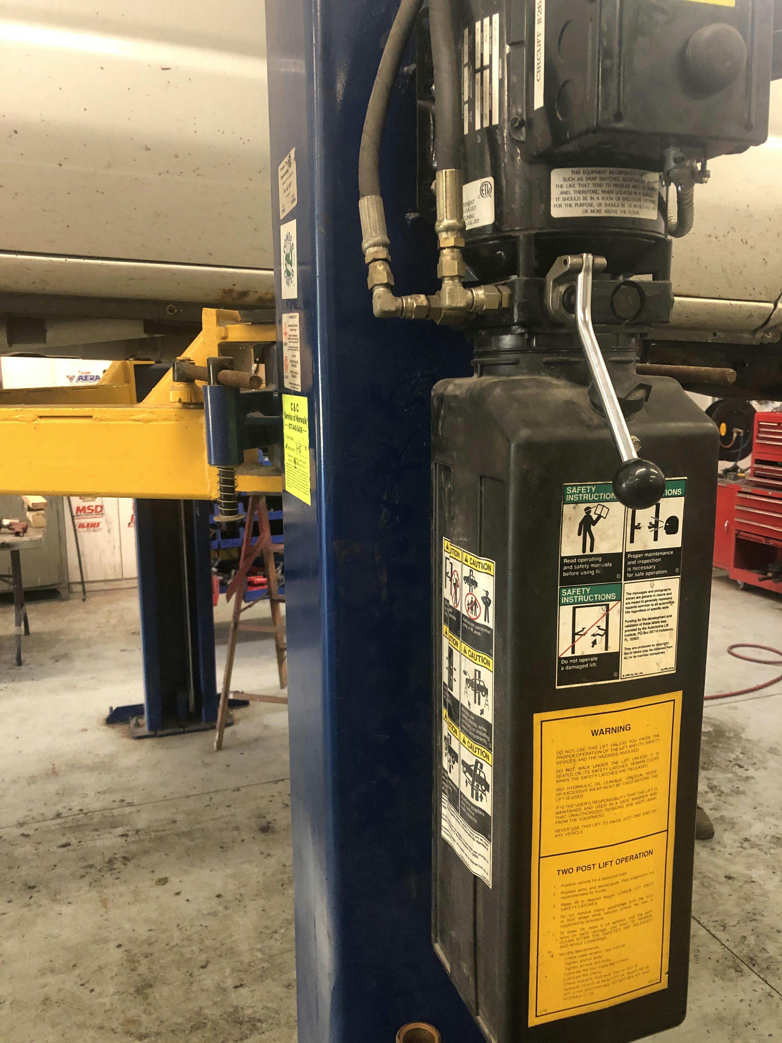 Whenever raising a vehicle on a lift, raise to working height, then carefully use the lift control lowering lever to lower the lift arms until the arms rest on the lift&rsquo;s locking blocks before anyone stands under the vehicle. Never rely only on the lift&rsquo;s hydraulics.