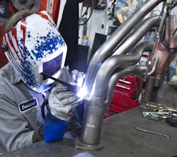 When welding, wear an approved welding helmet with auto- darkening lens, welding gloves and shirt sleeves fully extended. When welding, wear an approved welding helmet with auto- darkening lens, welding gloves and shirt sleeves fully extended.