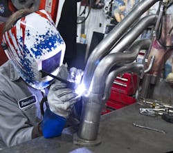 When welding, wear an approved welding helmet with auto- darkening lens, welding gloves and shirt sleeves fully extended. When welding, wear an approved welding helmet with auto- darkening lens, welding gloves and shirt sleeves fully extended.