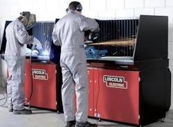 When welding or grinding, protective apparel and safety shields protect the operator and others nearby. This downdraft booth system is an example. When welding or grinding, protective apparel and safety shields protect the operator and others nearby. This downdraft booth system is an example.