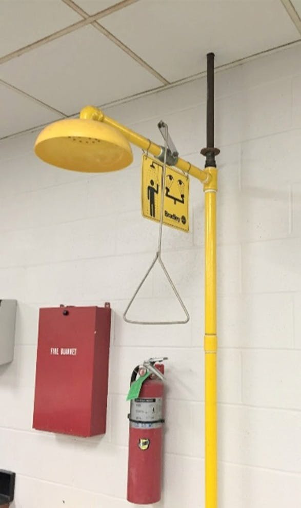 An emergency shower station provides immediate personnel rinsing in the event of harmful contamination. Granted, not all shops may have the ability to add this, but consider installing one if at all possible.