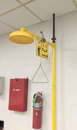 An emergency shower station provides immediate personnel rinsing in the event of harmful contamination. Granted, not all shops may have the ability to add this, but consider installing one if at all possible. An emergency shower station provides immediate personnel rinsing in the event of harmful contamination. Granted, not all shops may have the ability to add this, but consider installing one if at all possible.