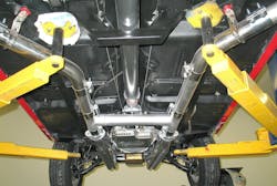When dealing with luxury/ high-priced vehicles and classic/restored vehicles, always use clean rubber cushions and/or clean rags between the lift pads and the chassis to prevent nicking/dings/scratches. On a twin-post lift, once the lift arm pads contact the vehicle, raise the vehicle slightly, with tires just off of the floor, and apply down/up movement at the front and rear to verify solid contact and balance. Never raise a vehicle on a twin-post lift without first verifying balance. When dealing with luxury/ high-priced vehicles and classic/restored vehicles, always use clean rubber cushions and/or clean rags between the lift pads and the chassis to prevent nicking/dings/scratches. On a twin-post lift, once the lift arm pads contact the vehicle, raise the vehicle slightly, with tires just off of the floor, and apply down/up movement at the front and rear to verify solid contact and balance. Never raise a vehicle on a twin-post lift without first verifying balance.