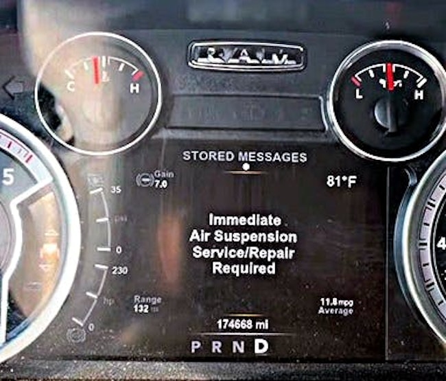 This warning on the dash of a 2016 Ram is alerting the customer to an issue with the Active-Level Four Corner Air Suspension system on the truck.