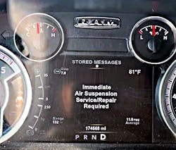 This warning on the dash of a 2016 Ram is alerting the customer to an issue with the Active-Level Four Corner Air Suspension system on the truck. This warning on the dash of a 2016 Ram is alerting the customer to an issue with the Active-Level Four Corner Air Suspension system on the truck.