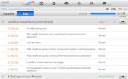 Upon installing the scanner on the Ram and performing a diagnostic scan, numerous Diagnostic Trouble Codes (DTCs) related to the adaptive air suspension system were identified. Upon installing the scanner on the Ram and performing a diagnostic scan, numerous Diagnostic Trouble Codes (DTCs) related to the adaptive air suspension system were identified.