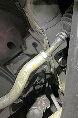 This bent outer tie rod was easily found during a visual inspection, but bent control arms, struts or other components are not always as easy to find. This bent outer tie rod was easily found during a visual inspection, but bent control arms, struts or other components are not always as easy to find.