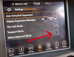 This photo of the dash on a 2014 Jeep Cherokee shows the Wheel Alignment Mode softkey, to instruct the air suspension control module to put the vehicles suspension in the correct position for an alignment to take place. This photo of the dash on a 2014 Jeep Cherokee shows the Wheel Alignment Mode softkey, to instruct the air suspension control module to put the vehicles suspension in the correct position for an alignment to take place.