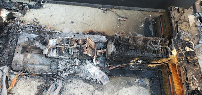This Chevy Volt battery caught on fire. The technician did not properly torque the HV cable connections and one was loose. This happened before it was installed into the vehicle.