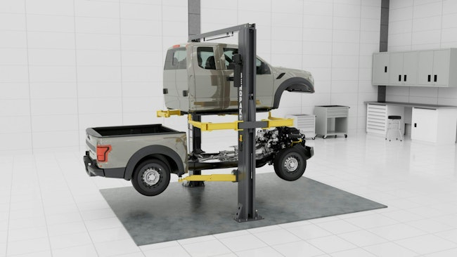 BendPak's upcoming Octa-Flex Series Two-Post Lift can hold and lift both the cab and chassis at the same time.