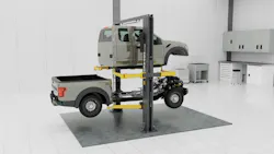 BendPak's upcoming Octa-Flex Series Two-Post Lift can hold and lift both the cab and chassis at the same time.