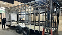 Custom tool trailer frame under construction, showing recessed e-track welded to wall posts. Custom tool trailer frame under construction, showing recessed e-track welded to wall posts.