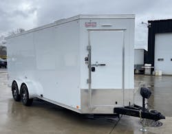 7’ x 20’ custom V-nose trailer with front entry door and electric tongue jack. 7’ x 20’ custom V-nose trailer with front entry door and electric tongue jack.