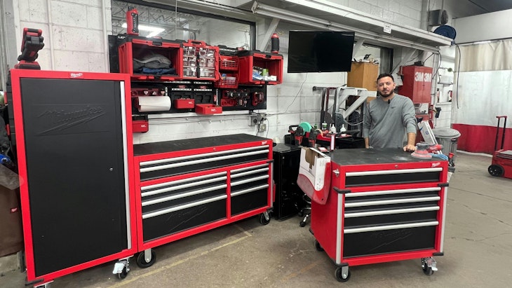 Salazar's tool cart holds his most-used tools, while the toolbox houses equipment he needs less often.