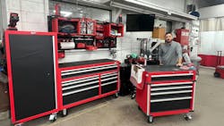 Salazar's tool cart holds his most-used tools, while the toolbox houses equipment he needs less often. Salazar's tool cart holds his most-used tools, while the toolbox houses equipment he needs less often.