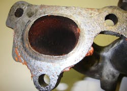 Following a bad oxygen sensor issue, teardown inspection here shows evidence of silicone RTV on the exhaust manifold-to-cylinder head mating surface. Following a bad oxygen sensor issue, teardown inspection here shows evidence of silicone RTV on the exhaust manifold-to-cylinder head mating surface.