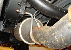 This shows the inlet of the DPF on a 2021 GMC pickup. You can see the upstream pressure port and one of the exhaust gas temperature sensors. This shows the inlet of the DPF on a 2021 GMC pickup. You can see the upstream pressure port and one of the exhaust gas temperature sensors.