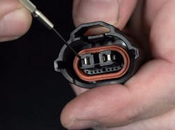 Figure 4- Spread terminals are a common/frequently encountered fault but they cannot be tested for directly when the connector terminates at a component. It’s best practice to verify terminal integrity before condemning any component. Figure 4- Spread terminals are a common/frequently encountered fault but they cannot be tested for directly when the connector terminates at a component. It’s best practice to verify terminal integrity before condemning any component.