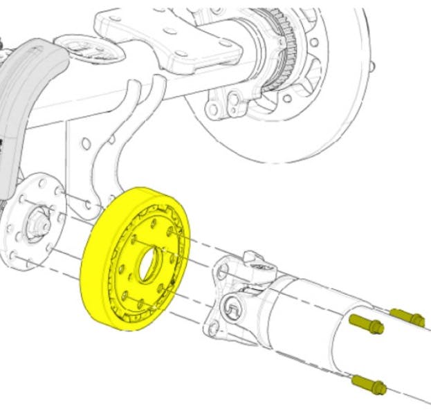 Installing the torsional damper on the axle pinion flange.