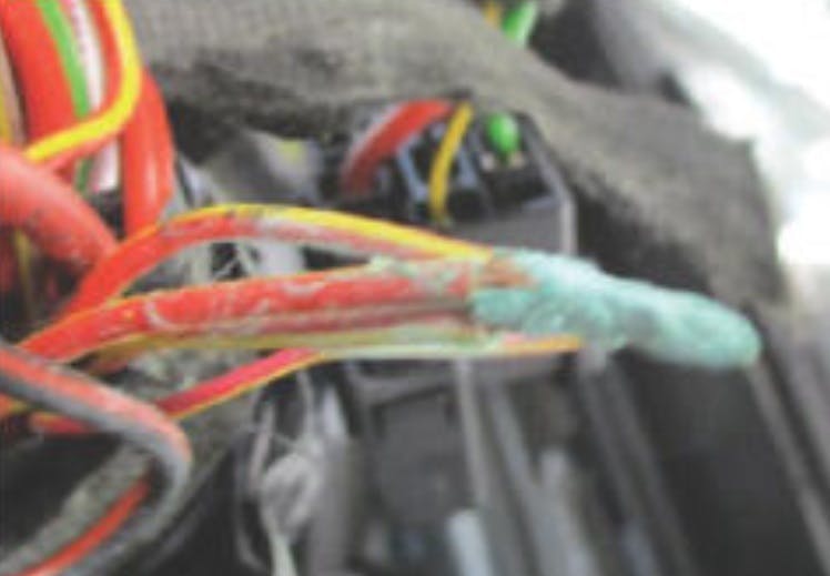 Look for corroded wire splices.