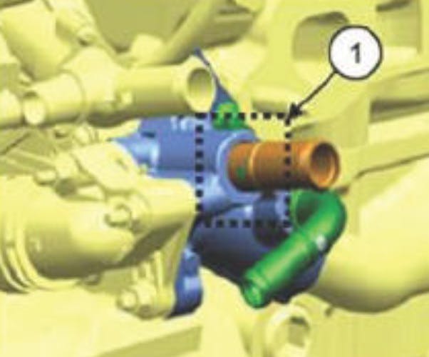 1) Cooleant pipe to housing. If dried coolant is found at gap, clean with a wire brush. Wait for the engine to cool before cleaning.