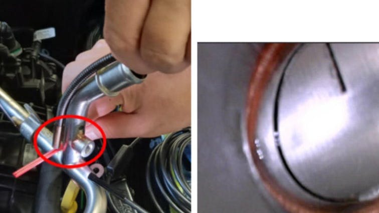 Example of the location of the exhaust outlet pipe. Check for blockage using an endoscope.