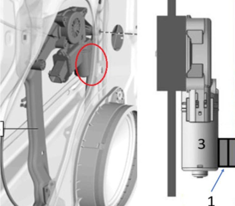 Install the foam square (1) as shown between the motor (3) and panel (2).