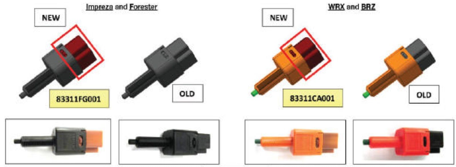 Examples of old vs new switches. The new versions feature a brown harness connection.