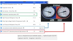 This screen shot is an example of the pressure gauges on a fully functional heat pump system, note that the pressure gauge readings are similar, but the system pressures on the scan data show that the system has pressure and is functional. This screen shot is an example of the pressure gauges on a fully functional heat pump system, note that the pressure gauge readings are similar, but the system pressures on the scan data show that the system has pressure and is functional.