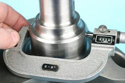 Measure crankshaft main journal with a micrometer. This example reads 2.749”. A bore gauge contacts are then adjusted to that journal diameter, and the bore gauge is adjusted to read zero. Measure crankshaft main journal with a micrometer. This example reads 2.749”. A bore gauge contacts are then adjusted to that journal diameter, and the bore gauge is adjusted to read zero.