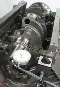 With the crankshaft installed, check crankshaft end-play. Depending on engine design, thicker or thinner main thrust bearings may or may not be available. The thrust/endplay will be specified in the engine maker’s service manual. This may typically be in the range of 0.006 to 0.010”. For un-modified late-model production engines this should not be an issue, but check anyway. With the crankshaft installed, check crankshaft end-play. Depending on engine design, thicker or thinner main thrust bearings may or may not be available. The thrust/endplay will be specified in the engine maker’s service manual. This may typically be in the range of 0.006 to 0.010”. For un-modified late-model production engines this should not be an issue, but check anyway.