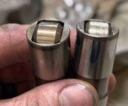 Fig. 2: A worn cam lobe or even a collapsed lifter can drastically affect compression yet yield absolutely no cylinder leakage. Traditional testing would leave inconclusive results. Fig. 2: A worn cam lobe or even a collapsed lifter can drastically affect compression yet yield absolutely no cylinder leakage. Traditional testing would leave inconclusive results.