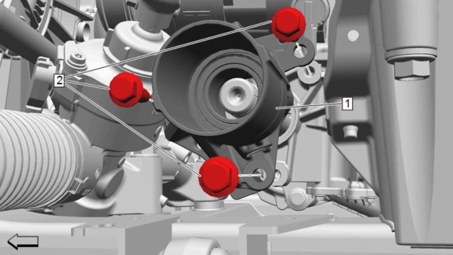 Remove the front wheel drive intermediate shaft housing (indicated by the number 1 illustration).